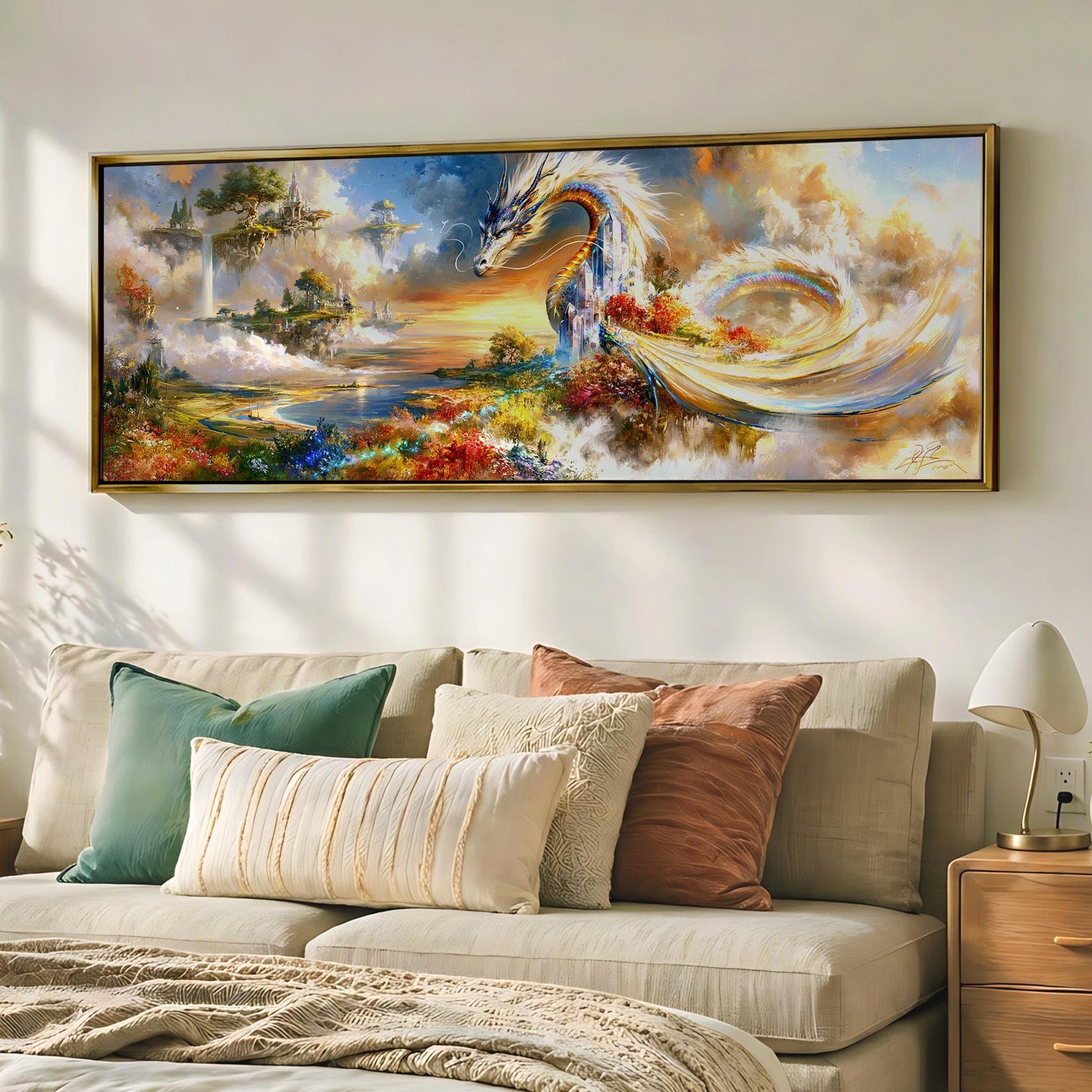 a large, colorful painting of a dragon and a landscape with clouds hanging on a wall above a bed with pillows.