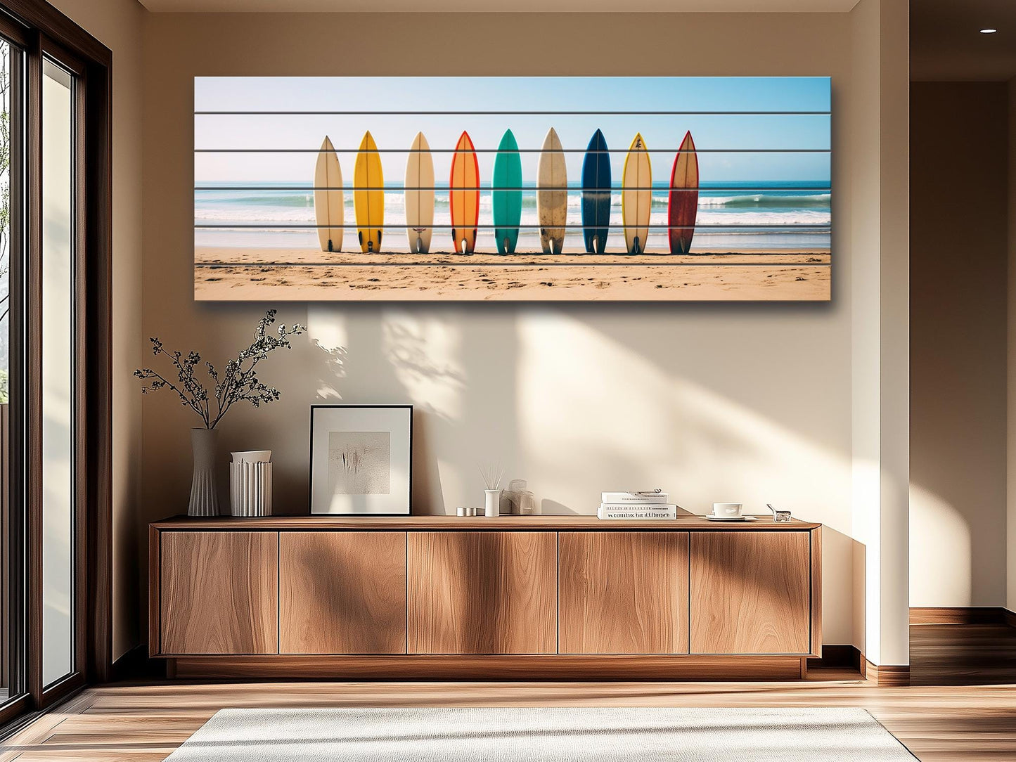 A Row Of Surfboards Print On Natural Wood
