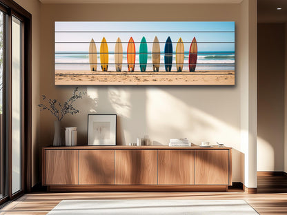 A Row Of Surfboards Print On Natural Wood