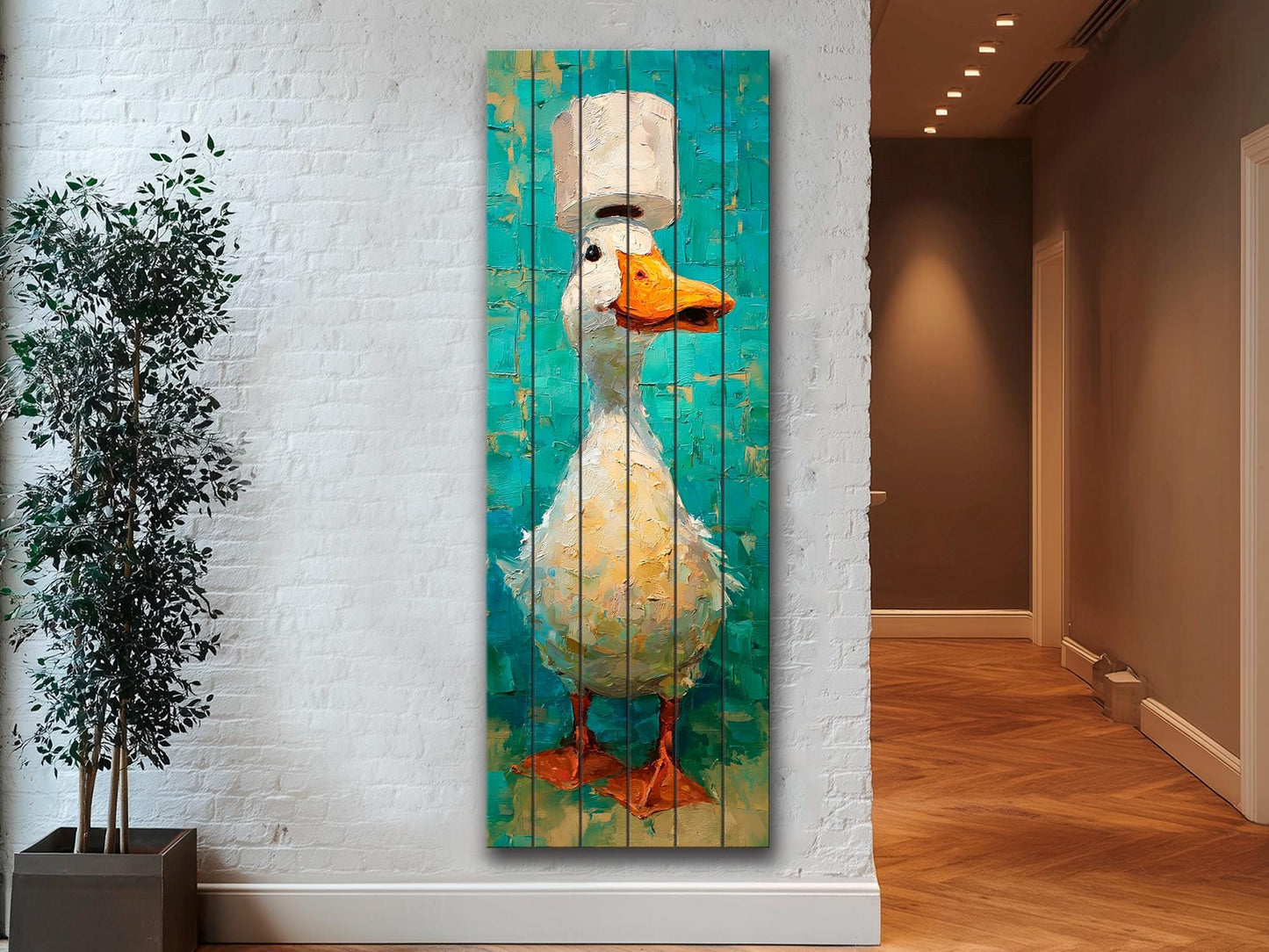 Cute Duck Print on Wood - Whimsical Bathroom Wall Art with Teal and Cream