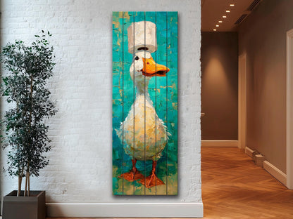 Cute Duck Print on Wood - Whimsical Bathroom Wall Art with Teal and Cream