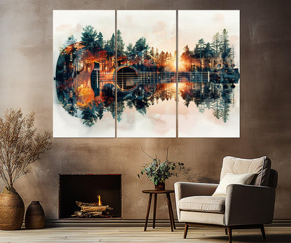 Abstract Guitar Canvas Print – Forest Background Art | Ready to Hang, Framed Guitar Painting