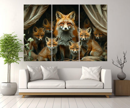 Fox Wall Art – Mother Fox Canvas Print with Cubs | Framed & Ready to Hang
