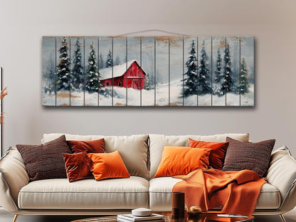 Peaceful Snowy Landscape with Red Barn and Pine Trees Print on Natural Wood, Rustic Cabin Wall Decor, Winter Forest Wall Art, Wood Wall Art