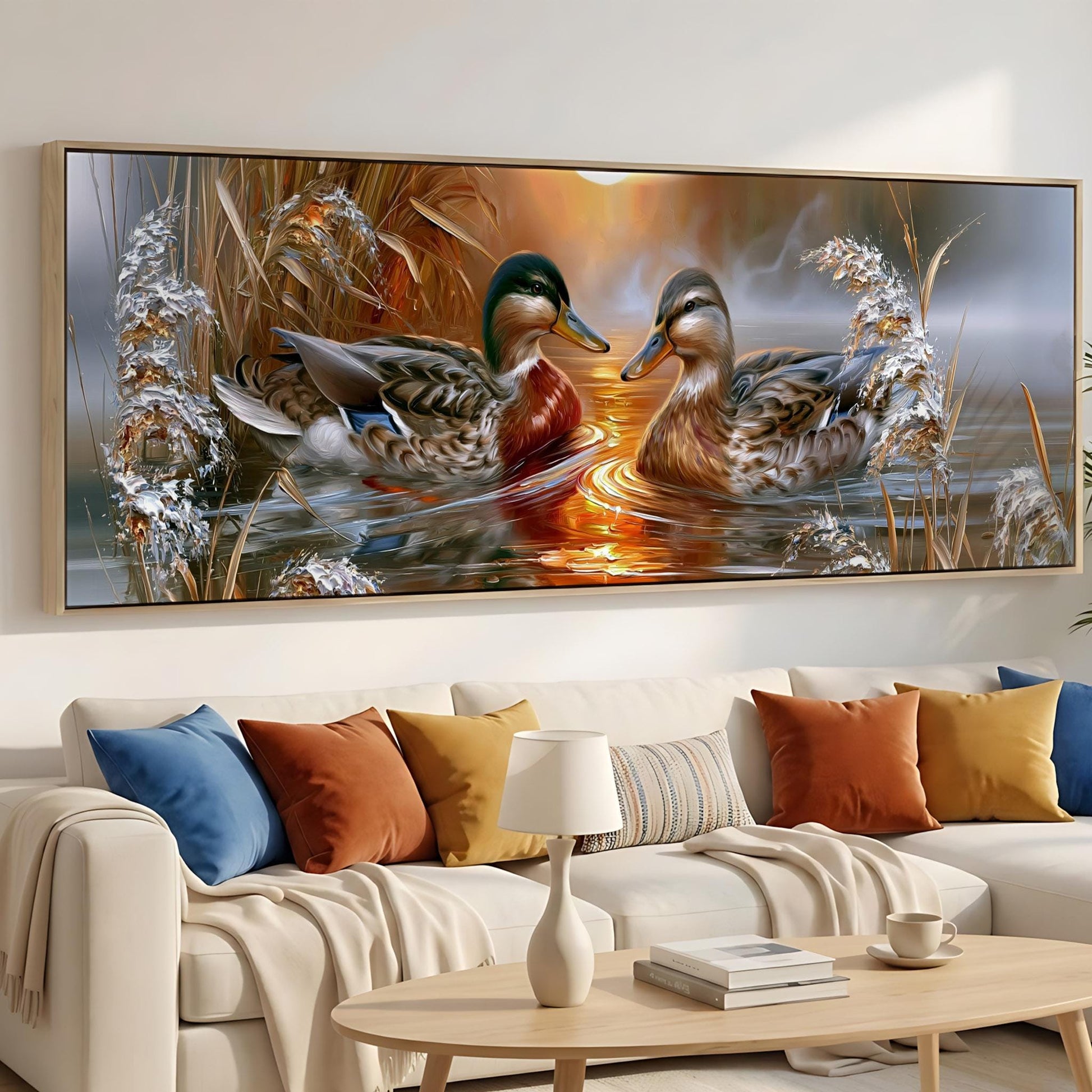 a large painting of two ducks swimming in a pond, surrounded by a serene and peaceful atmosphere.