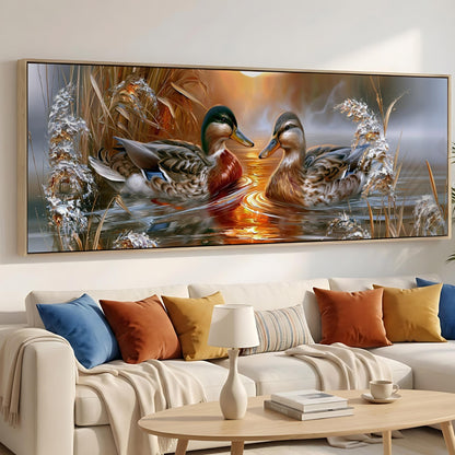 a large painting of two ducks swimming in a pond, surrounded by a serene and peaceful atmosphere.