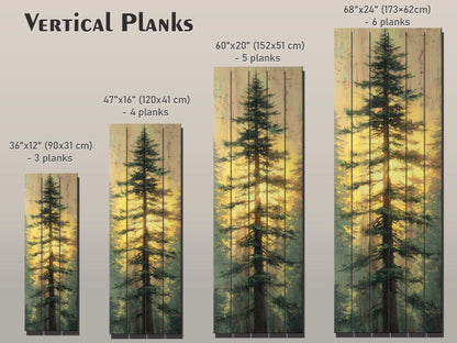 Tall Pine Tree with Golden Sunlight Print on Natural Wood, Cabin Wall Decor, Cozy Lodge Decor, Vertical Pine Tree Painting, Wood Wall Art