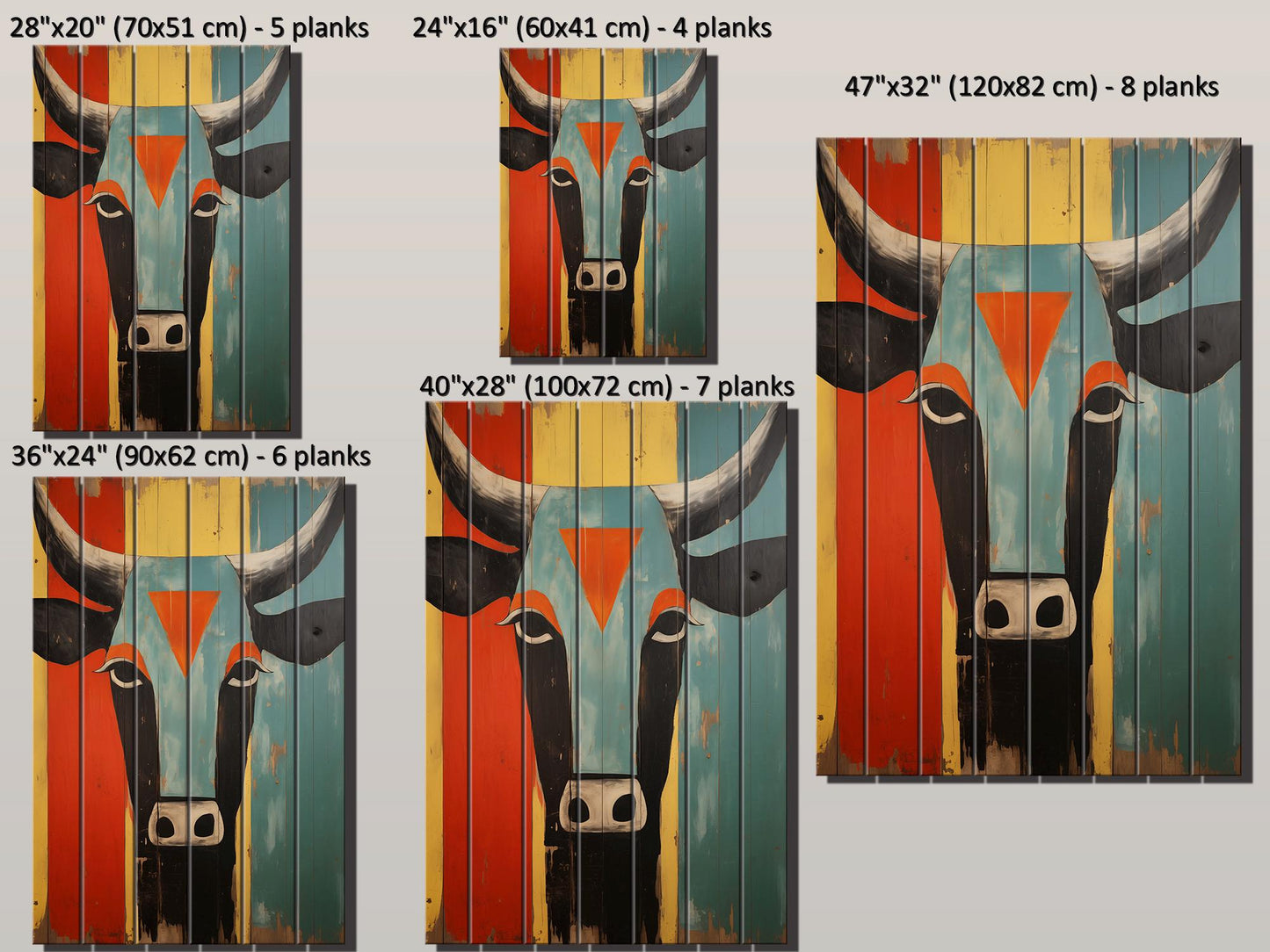 Cow Wall Decor - Abstract Cow Painting on Natural Wood Print | Egyptian Style Decor