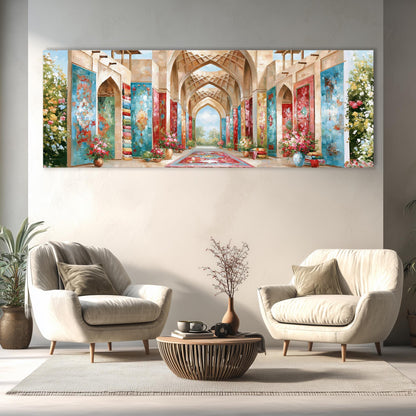 a large, colorful painting of an ornate, arched hallway with floral decorations hanging on the walls. The painting is displayed on a wall above a seating area consisting of two white armchairs and a wooden coffee table.