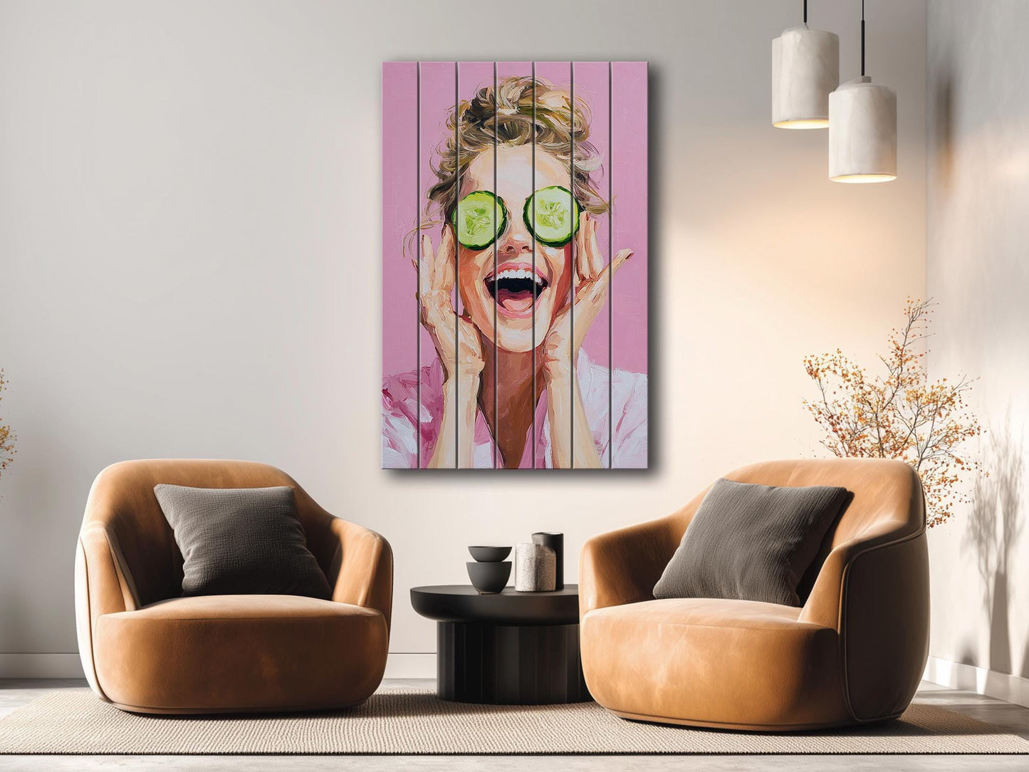 Spa Print Wood - Blonde Woman Cucumber Spa Print on Natural Wood Wall Art