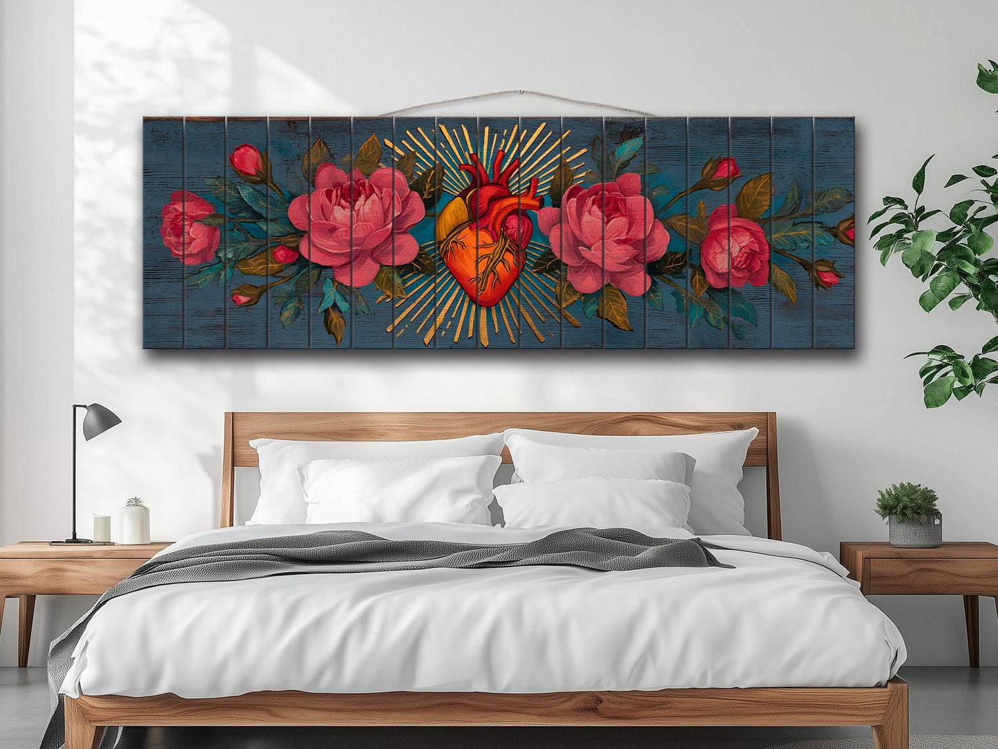 Sacred Heart Wall Art – Handcrafted Wood Wall Decor | Blooming Roses Print