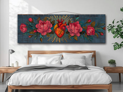 Sacred Heart Wall Art – Handcrafted Wood Wall Decor | Blooming Roses Print