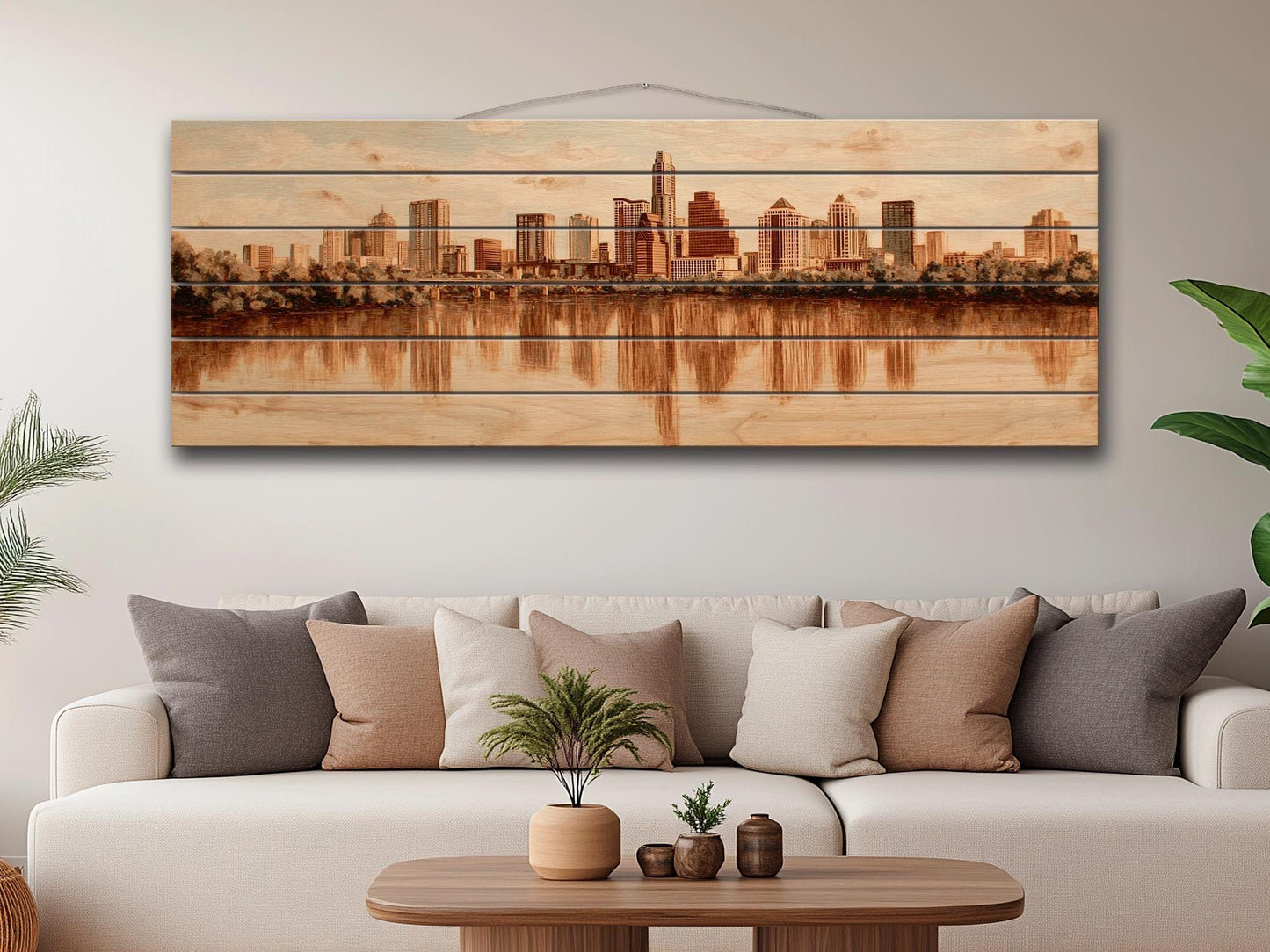 Austin Skyline Wood Print – Rustic Wood Art | Beige Wall Art, River Reflections Painting