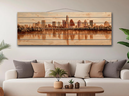 Austin Skyline Wood Print – Rustic Wood Art | Beige Wall Art, River Reflections Painting
