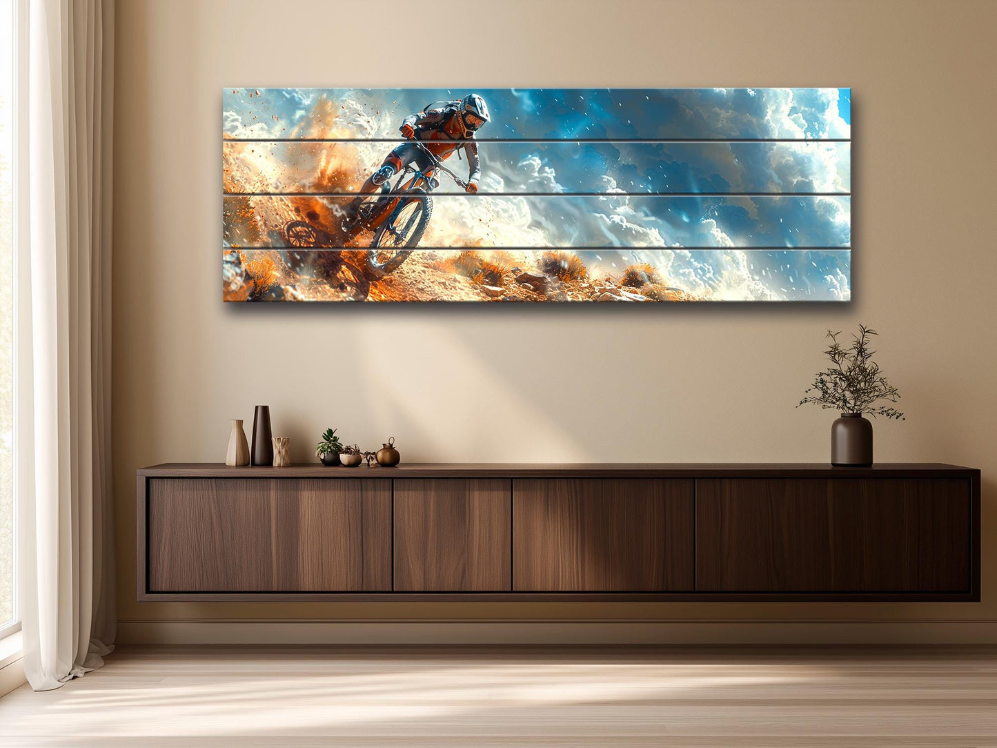 Mountain Biker Wall Art – Rustic Wooden Print on Wood | Outdoor Sports Decor