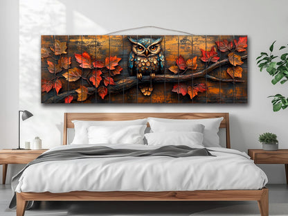 Owl Wood Wall Art – Rustic Autumn Wood Plank Painting with Glowing Fall Leaves