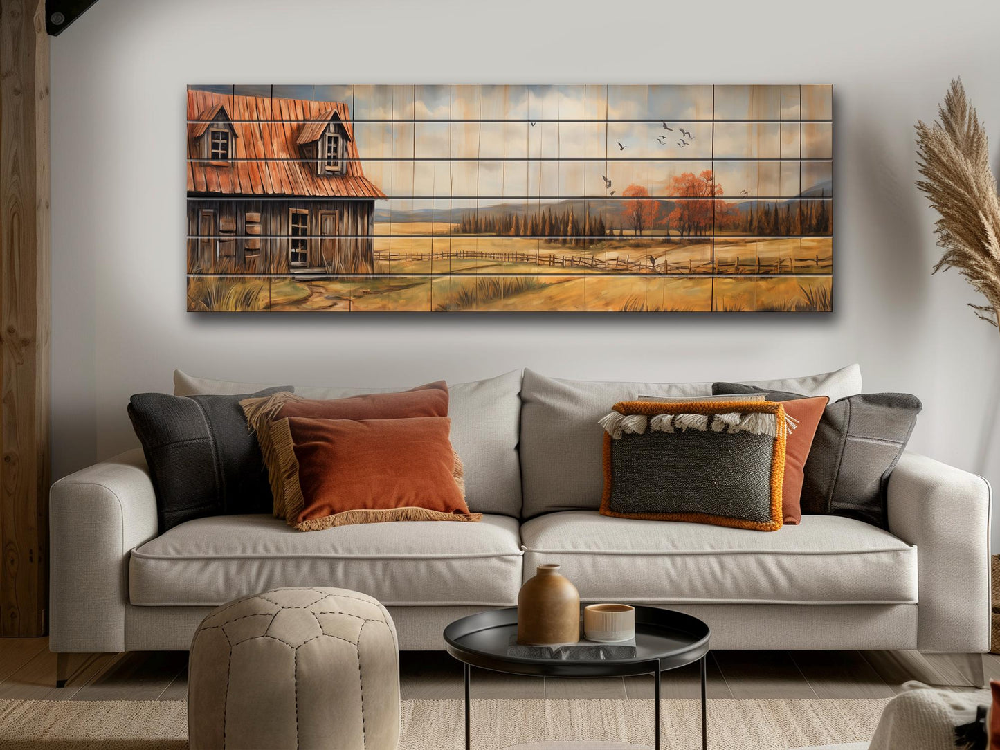 Rustic Farmhouse Wall Art – Natural Wood Artwork with Cozy Country Landscape Print