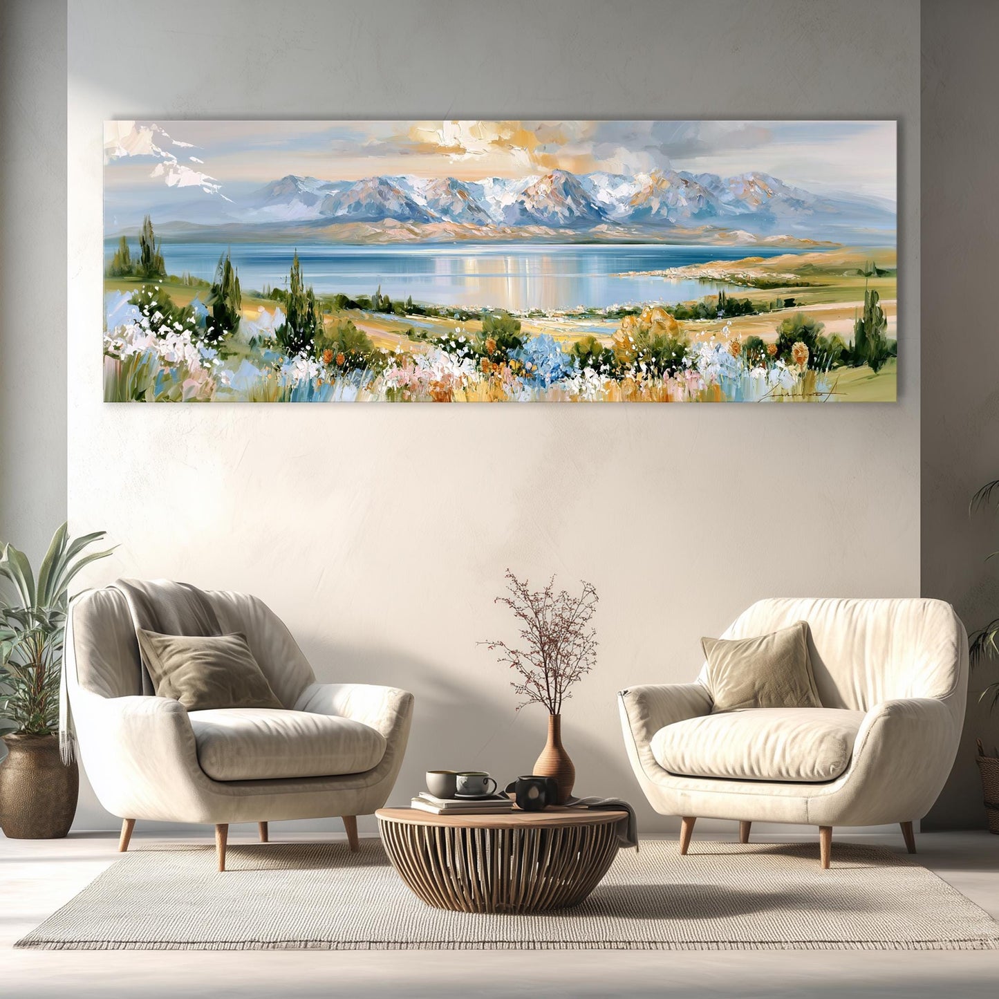 a large landscape painting hanging on a wall, depicting a serene mountain range and a lake. In the foreground, there are two white armchairs and a wooden coffee table, creating a cozy and inviting seating area.
