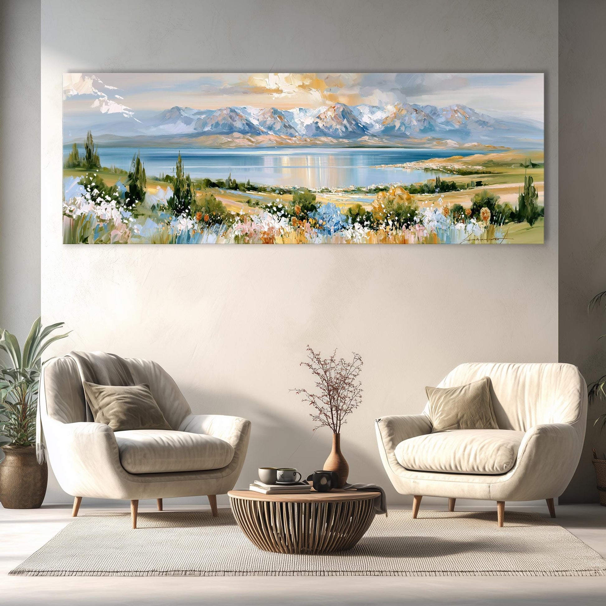 a large landscape painting hanging on a wall, depicting a serene mountain range and a lake. In the foreground, there are two white armchairs and a wooden coffee table, creating a cozy and inviting seating area.