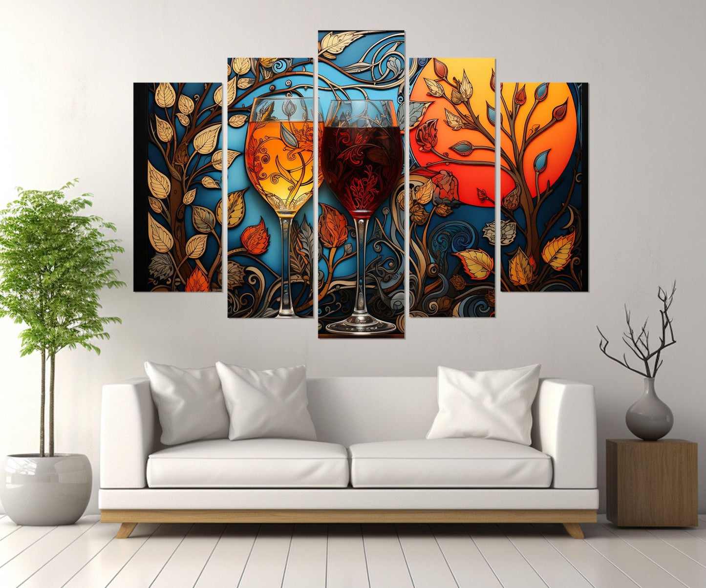 Glasses with White and Red Wine Painting Canvas Print, Madhubani Style Wine Wall Art, Wine Shop Decor, Framed and Ready to Hang