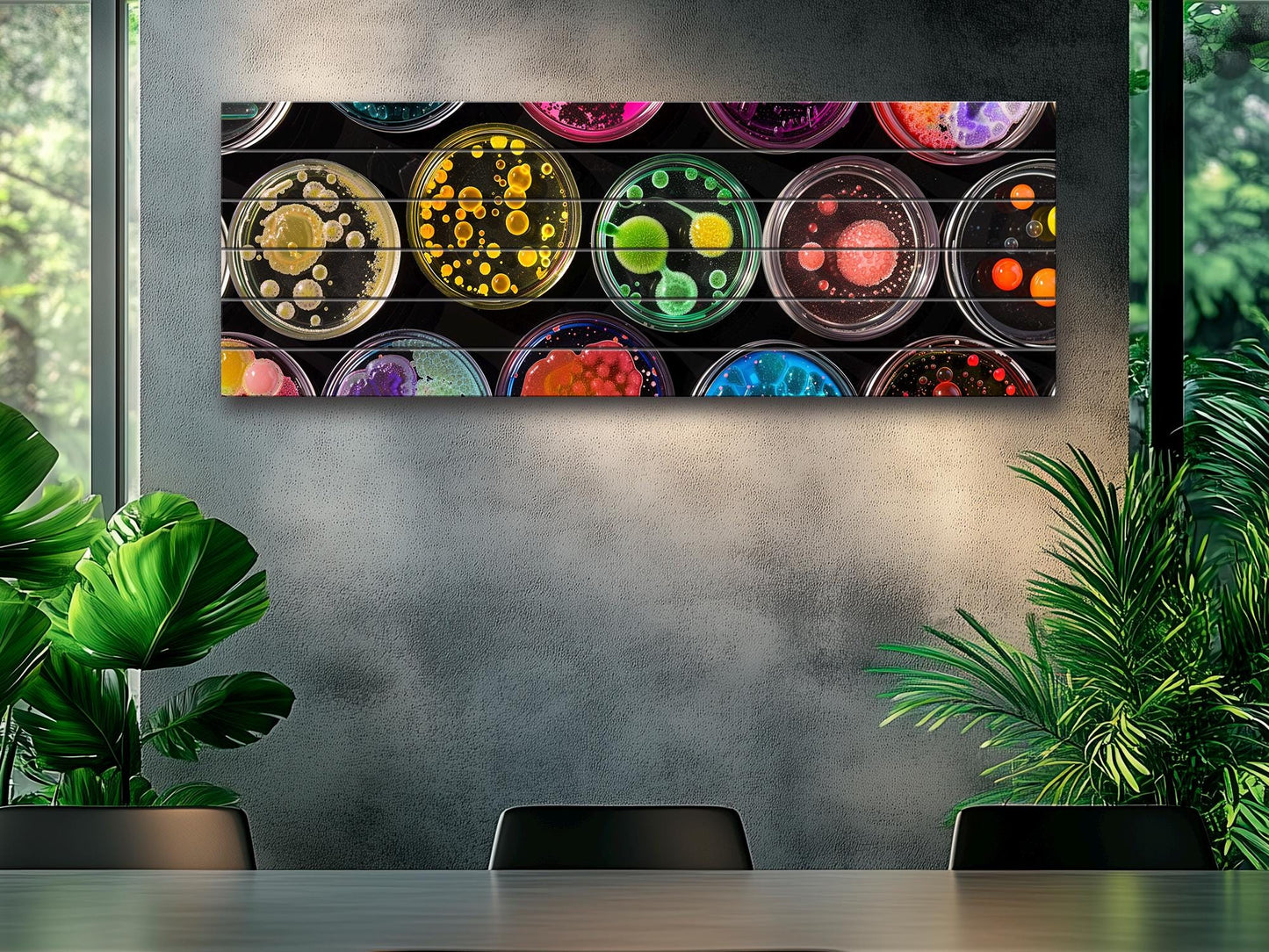 Petri Dish Wall Art – Colorful Abstract Science Print on Natural Wood Decor