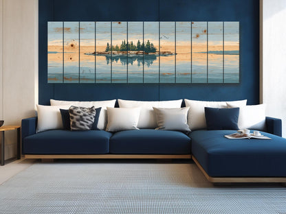 Lake Island Wood Art – Rustic Wood Wall Art with Serene Lake Landscape