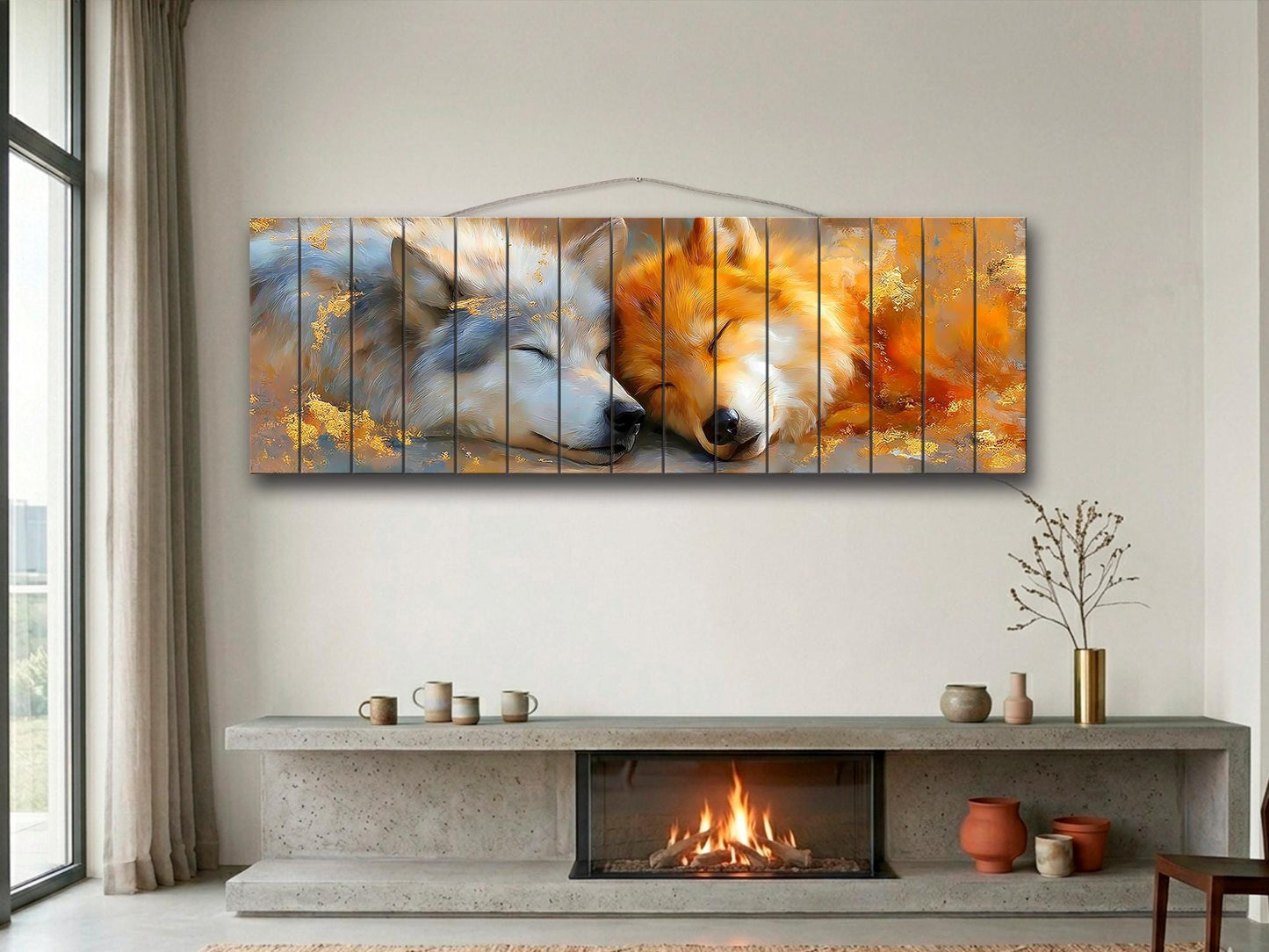 Sleeping Wolf Couple Print on Wood, Romantic Wildlife Wall Art