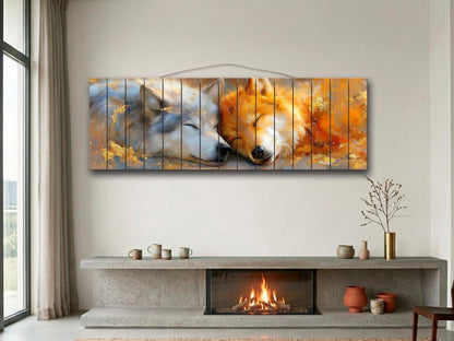 Sleeping Wolf Couple Print on Wood, Romantic Wildlife Wall Art