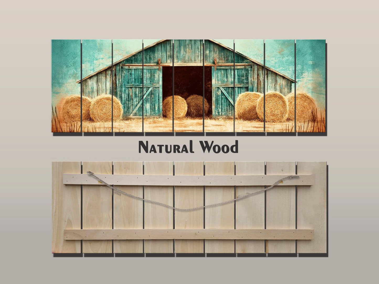 Rustic Barn Wall Art – Handcrafted Wood Plank Print with Hay Bales for Cozy Farmhouse Decor