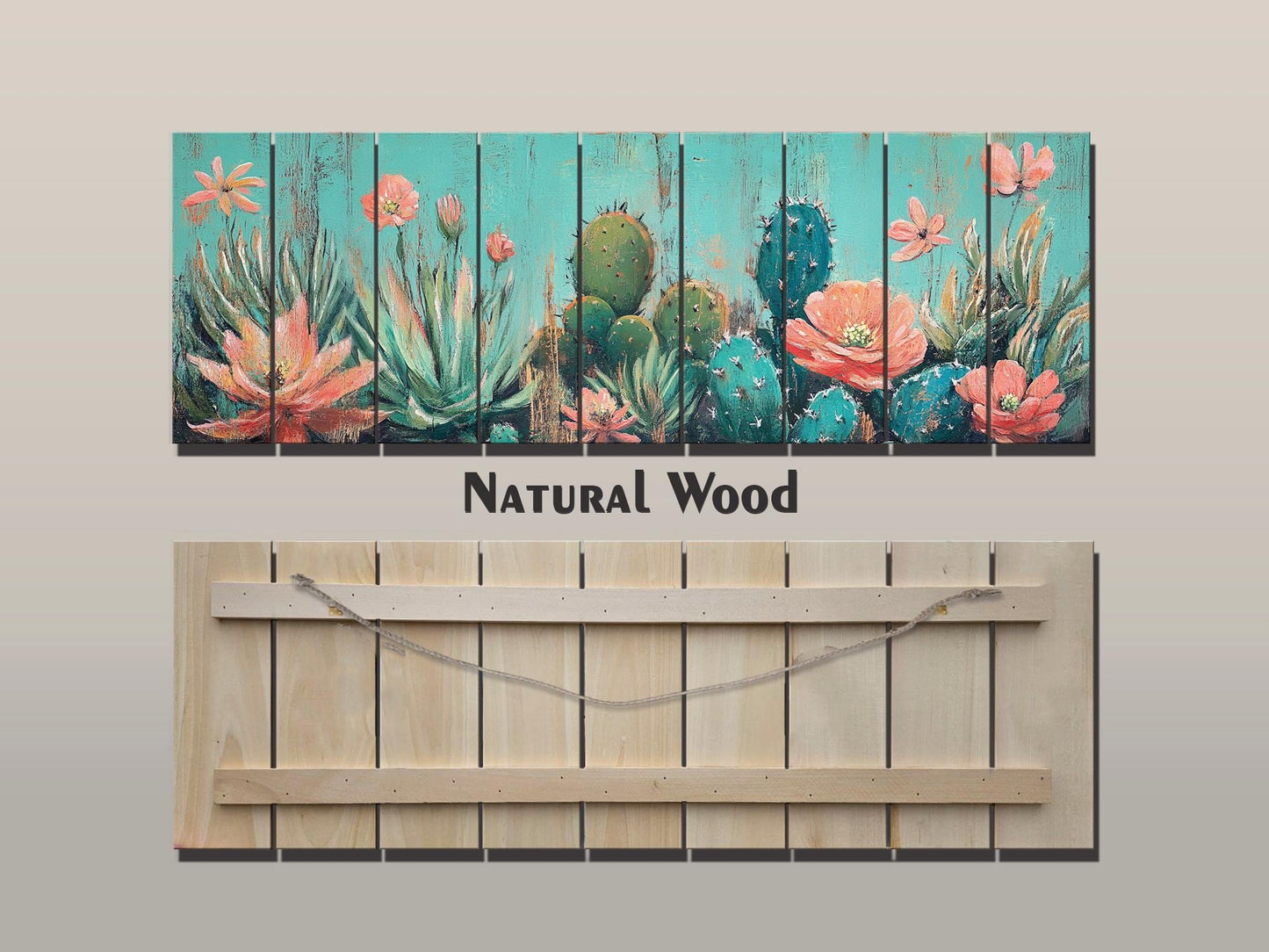 Cacti Garden with Blooming Succulents Print on Natural Wood, Rustic Flowers Painting, Cozy Cabin Wall Decor, Cactus Painting, Wood Wall Art
