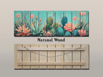 Cacti Garden with Blooming Succulents Print on Natural Wood, Rustic Flowers Painting, Cozy Cabin Wall Decor, Cactus Painting, Wood Wall Art