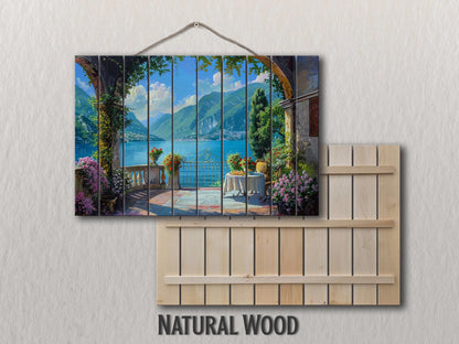 Scenic Como Lake Landscape Printed on Natural Wood, Italy Wall Art, Rustic Lake Como Painting, Rustic Italian Wall Decor, Wood Wall Art