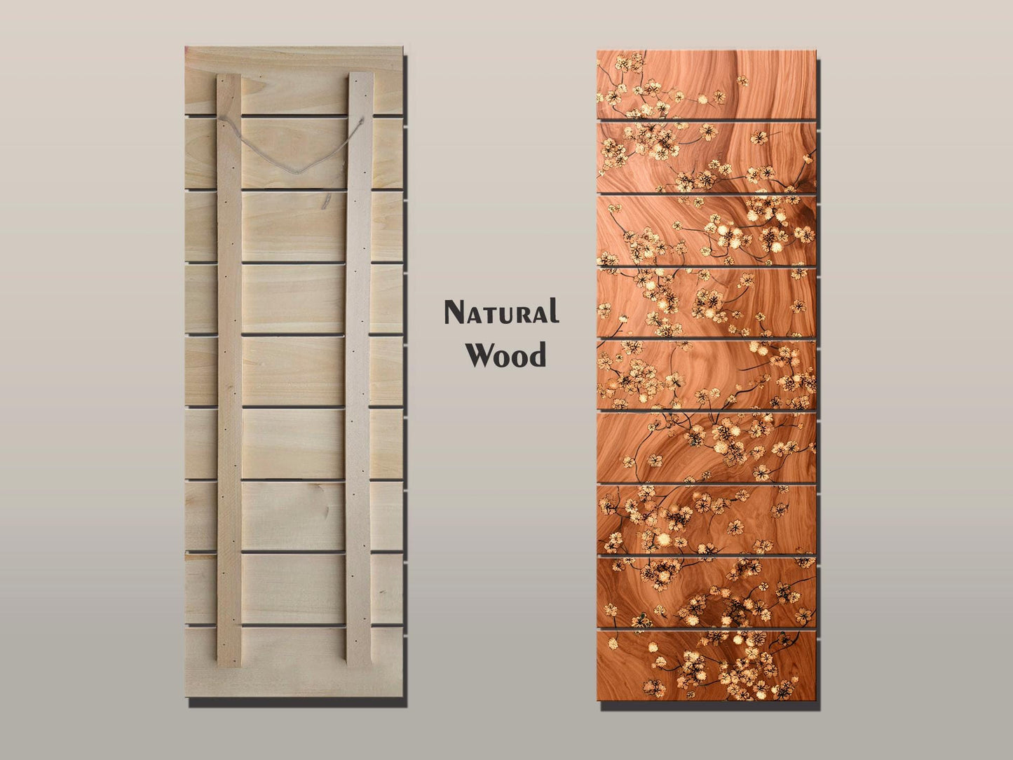 Japanese Blossoms Wall Art – Elegant Brass Inlay Floral Wood Print Decor