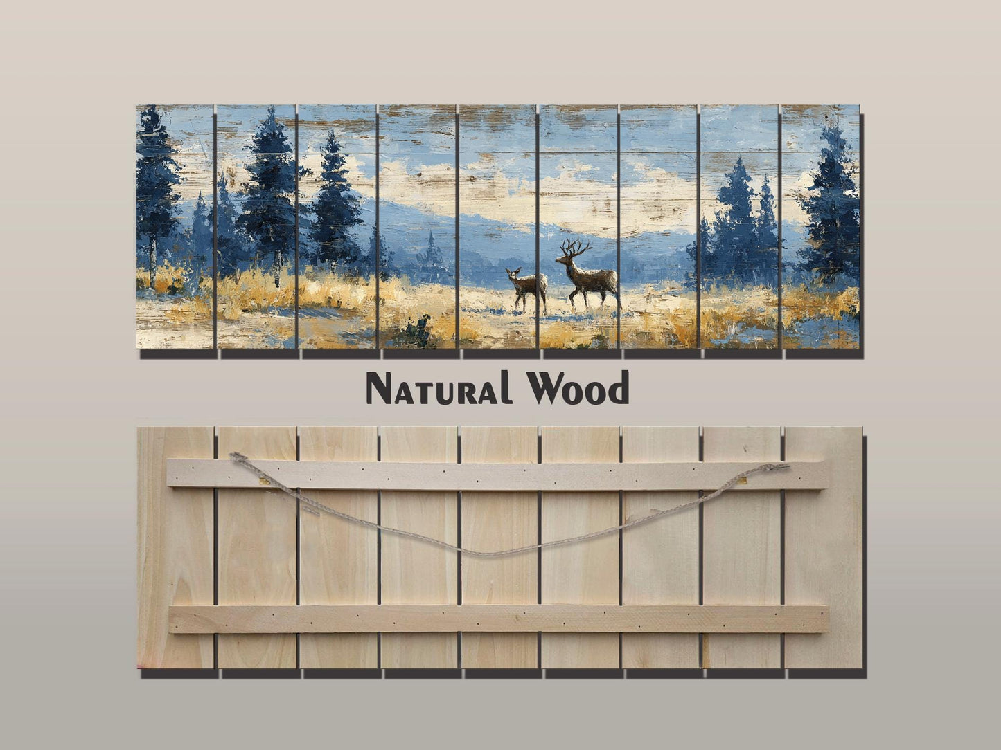 Deer Wood Art – Rustic Cabin Decor | Handcrafted Natural Wood Print with Meadow Deer Painting