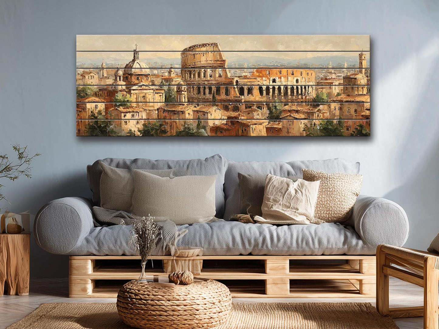 Rome Skyline Wood Print – Rustic Wood Art | Colosseum Painting Beige Wall Decor