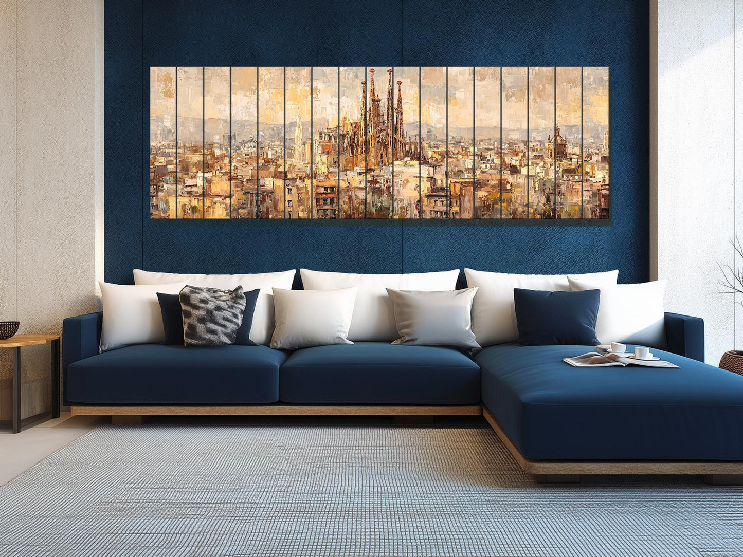 Barcelona Wall Art – Rustic Wood Print Featuring Sagrada Familia Beige & Gold Painting
