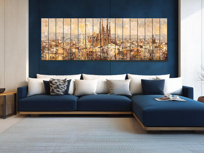 Barcelona Wall Art – Rustic Wood Print Featuring Sagrada Familia Beige & Gold Painting