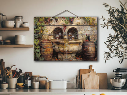 Rustic Wine Wall Art - Vintage Wine Barrels & Fountain Painting on Natural Wood