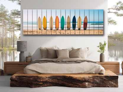 A Row Of Surfboards Print On Natural Wood
