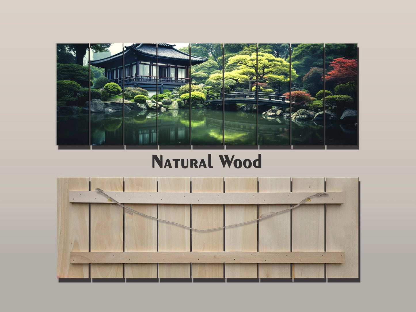 Japanese Wooden Wall Art – House by Pond Print on Natural Wood Panel