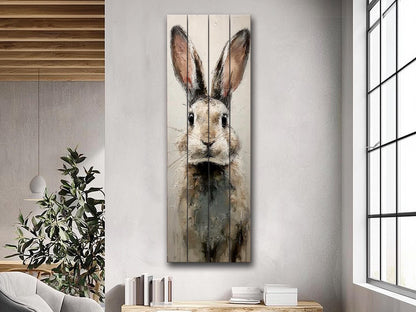 Rabbit Portrait Print on Wood – Beige and Gray Brushstroke Oil Painting, Neutral Rustic Wall Art