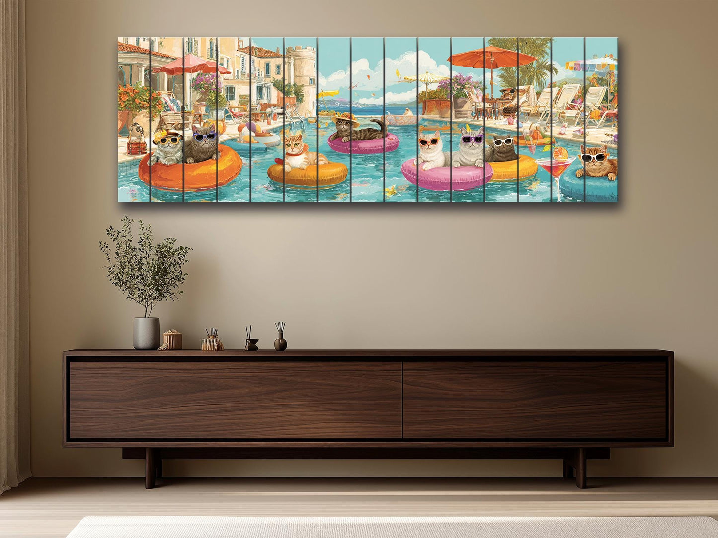 Cat Pool Party Print – Funny Summer Wall Art on Rustic Wood Decor