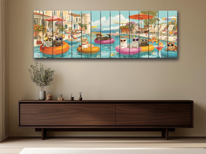 Cat Pool Party Print – Funny Summer Wall Art on Rustic Wood Decor
