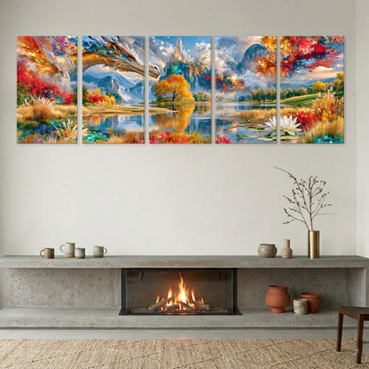 a fireplace with a fire burning inside, surrounded by various decorative items such as vases and a potted plant. Above the fireplace, there is a large, colorful painting depicting a serene landscape with mountains, trees, and a lake.