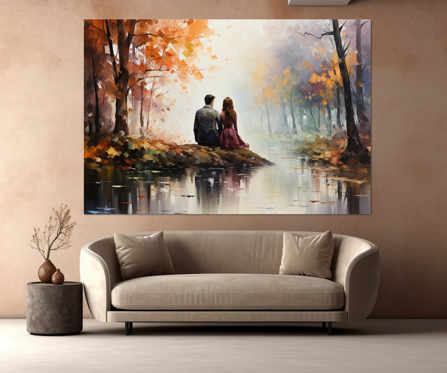 Autumn Forest Wall Art - Romantic Canvas Print With Couple Love Artwork, Ready to Hang