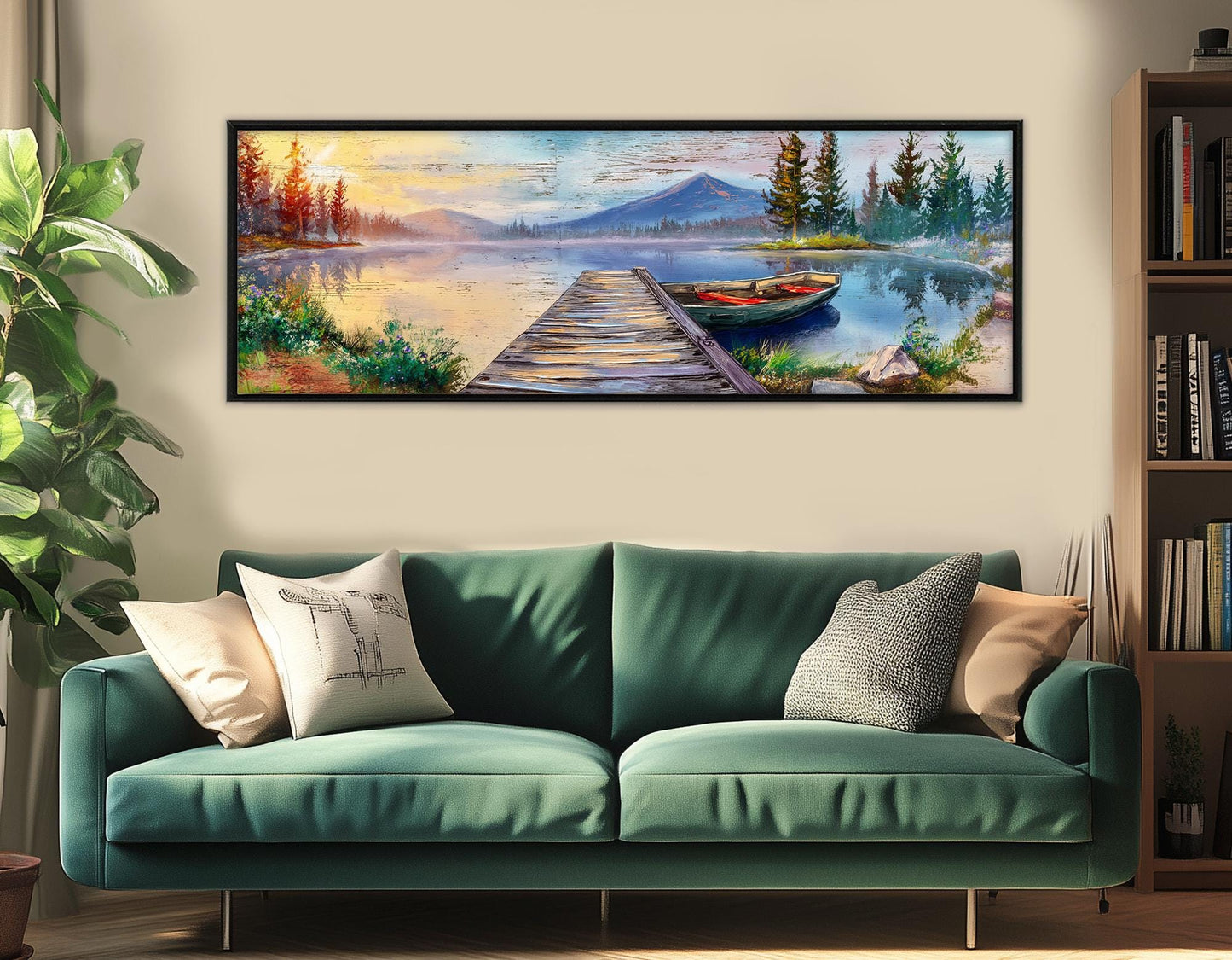 Lake Pier Canvas Print, Mountain Lake and Fishing Boat Painting, Framed & Ready to Hang