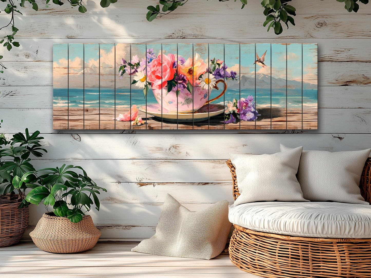 Wood Wall Art – Vintage Floral Teacup Print | Coastal View Artwork on Natural Wood