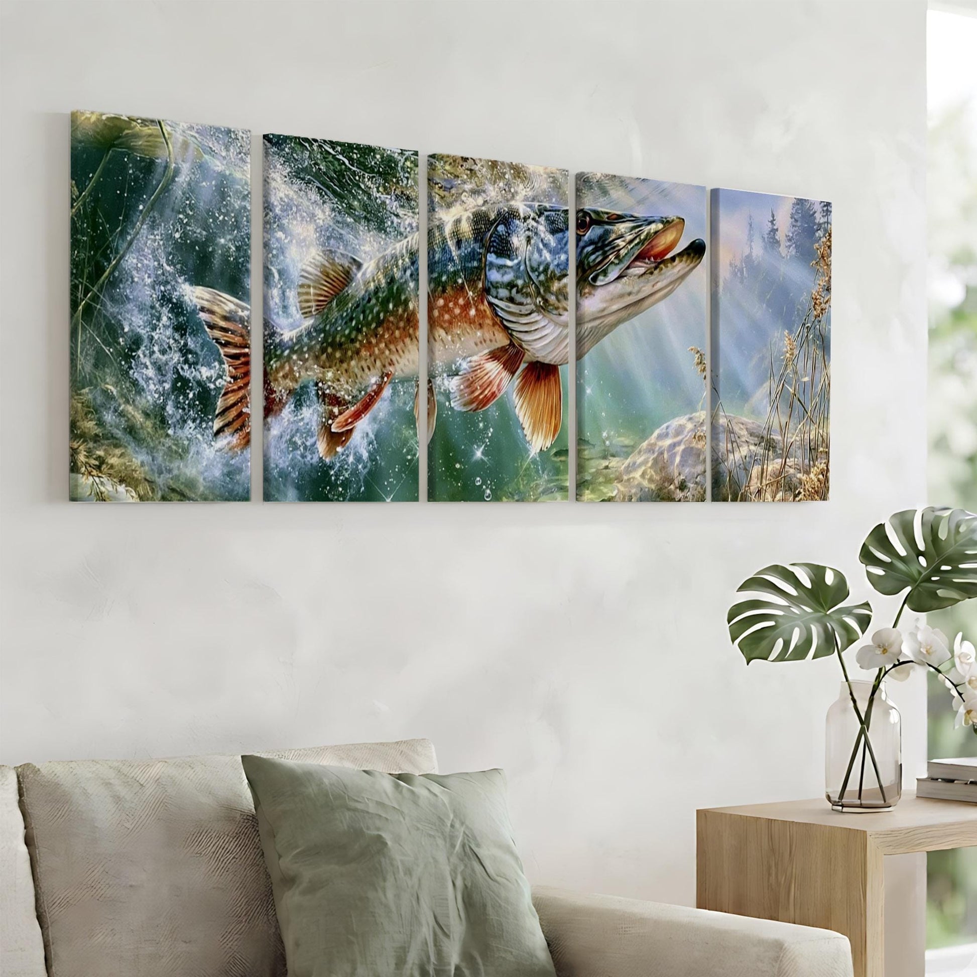a large, colorful painting of a fish swimming in a body of water, hanging on a wall above a couch in a living room.