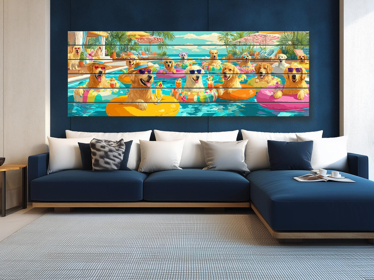 Golden Retriever Wall Art – Playful Pool Party Dog Print on Rustic Wood