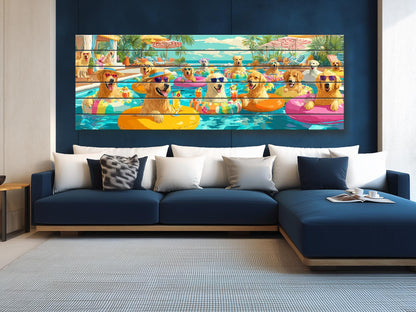 Golden Retriever Wall Art – Playful Pool Party Dog Print on Rustic Wood